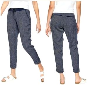 Athleta Womens 2 Bali Linen Stripe Ankle Pant Navy White 4 Pocket Cuff Hem